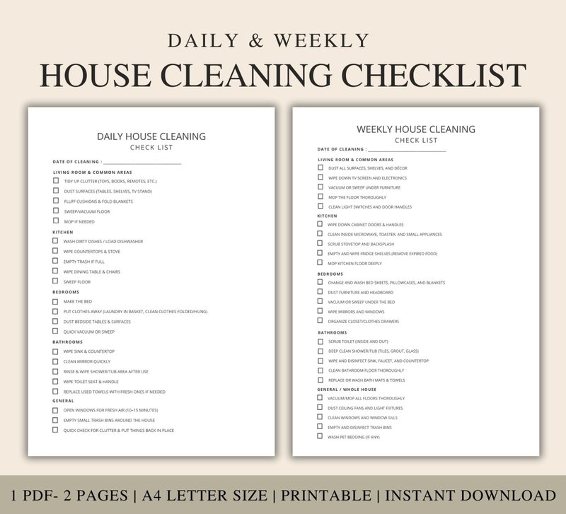 Printable Cleaning Checklist: Daily & Weekly Home Organizer (PDF Download A4) - 電子手帳及素材 - 其他材質 