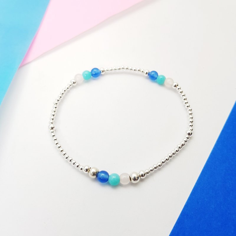 Xizizi pebbles ~ pink quartz _ blue agate _ Stone sterling silver elastic bracelet - Bracelets - Sterling Silver Blue
