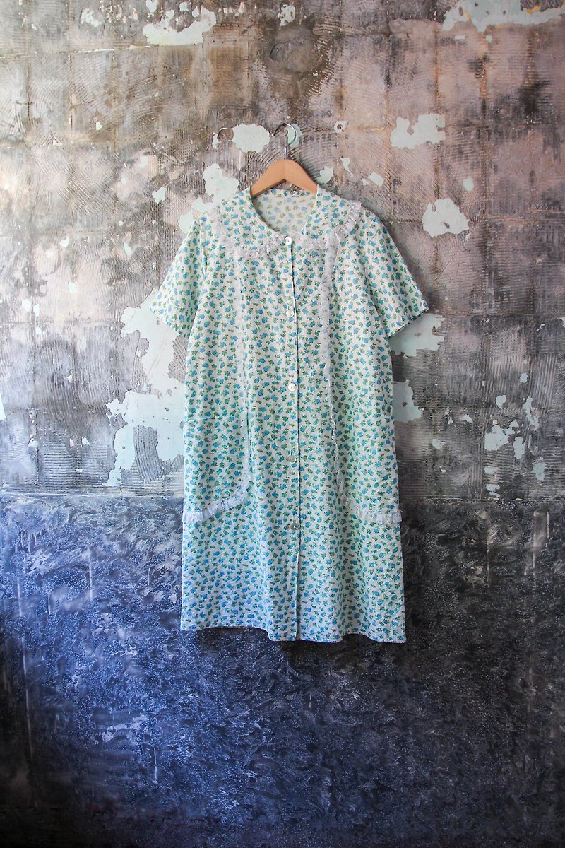 Vintage Blue Green Flower Lace Collar Cotton Short Sleeve Dress - ชุดเดรส - ผ้าฝ้าย/ผ้าลินิน 