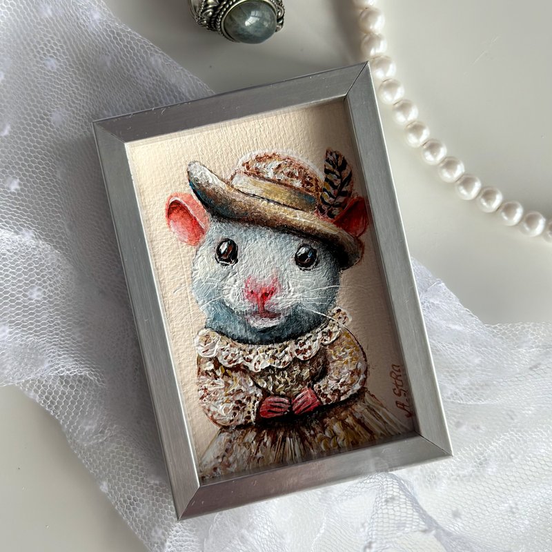 Mini painting Mouse, Mouse framed miniature, Woodland animals art, Cute animals - ของวางตกแต่ง - อะคริลิค ขาว