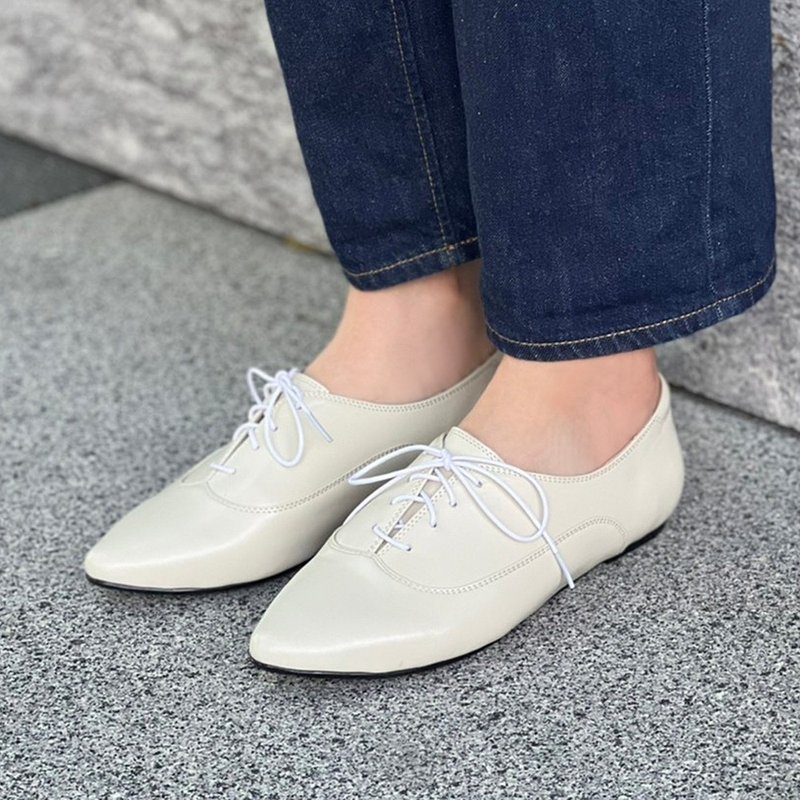 Cheese White Pointed Strap Leather Inner Derby Shoes - Women's Oxford Shoes - Genuine Leather 