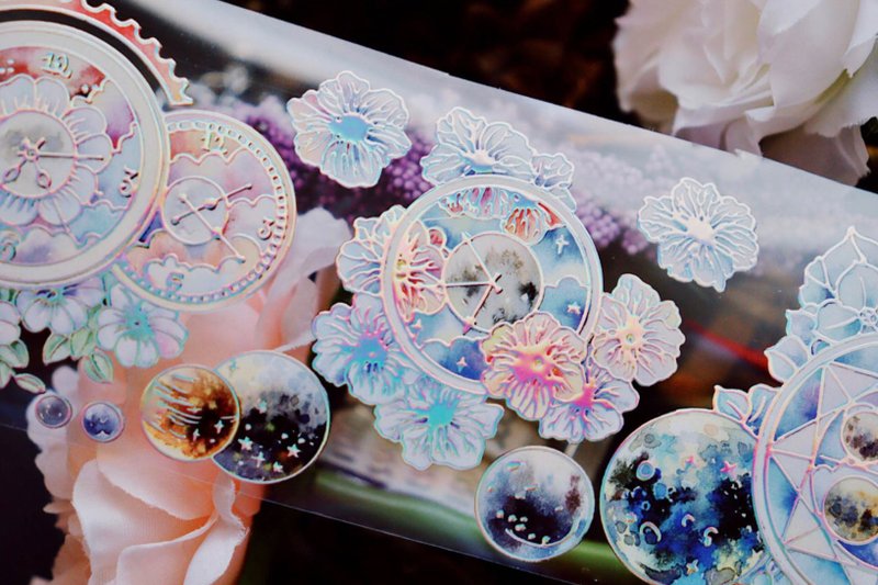 Star flower clock PET paper tape crystal / laser Taiwan self-printed 10 meters roll - Washi Tape - Other Materials Blue