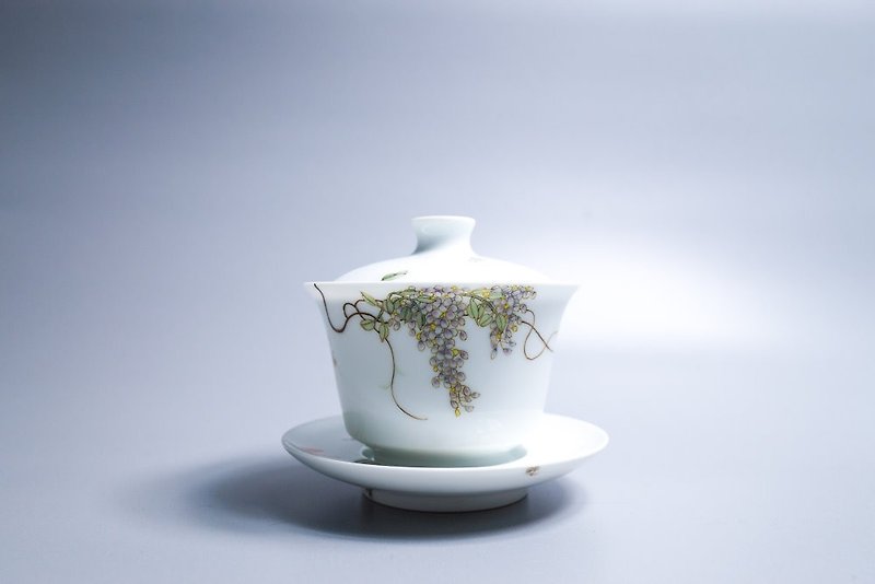 Since the slow hall glaze in the auspicious cover cup - Wisteria - ถ้วย - เครื่องลายคราม 