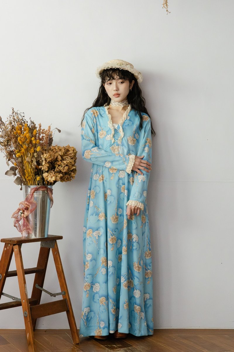 裊裊百貨公司-Vintage  藍色底白棕花卉蕾絲滾邊美國洋裝 - 洋裝/連身裙 - 聚酯纖維 