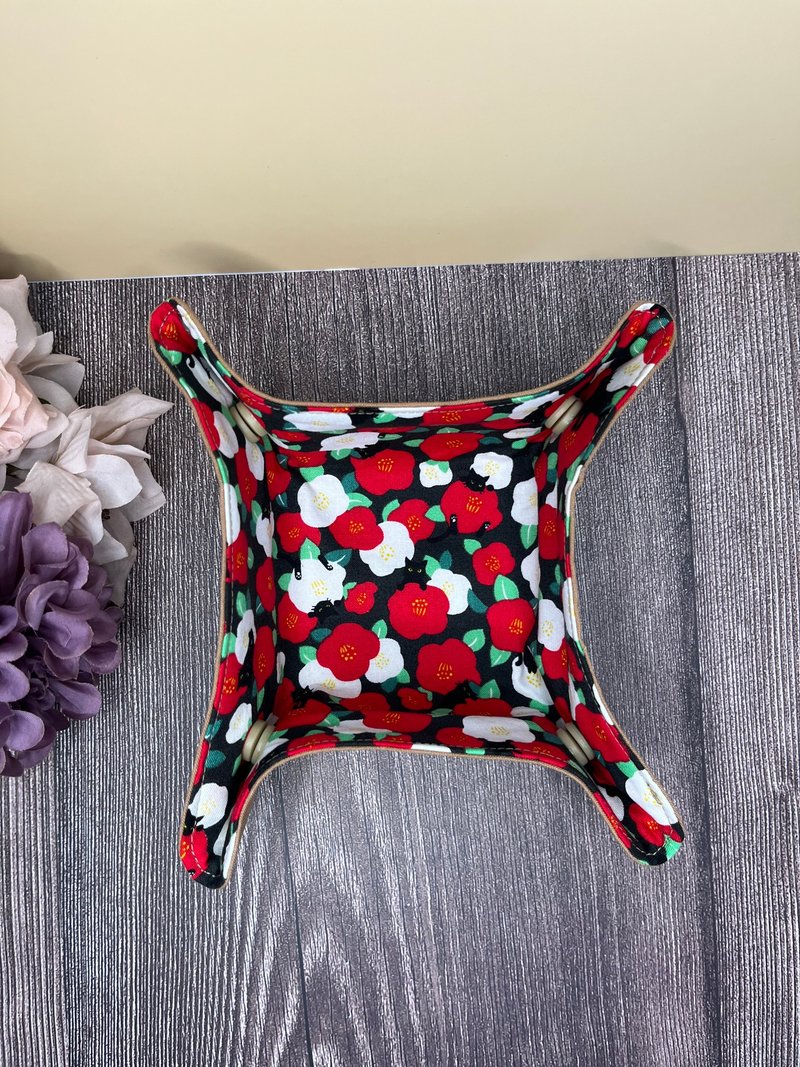 Camellia and Cat Pattern Tray - Made with Japanese fabric - Storage - Cotton & Hemp Red
