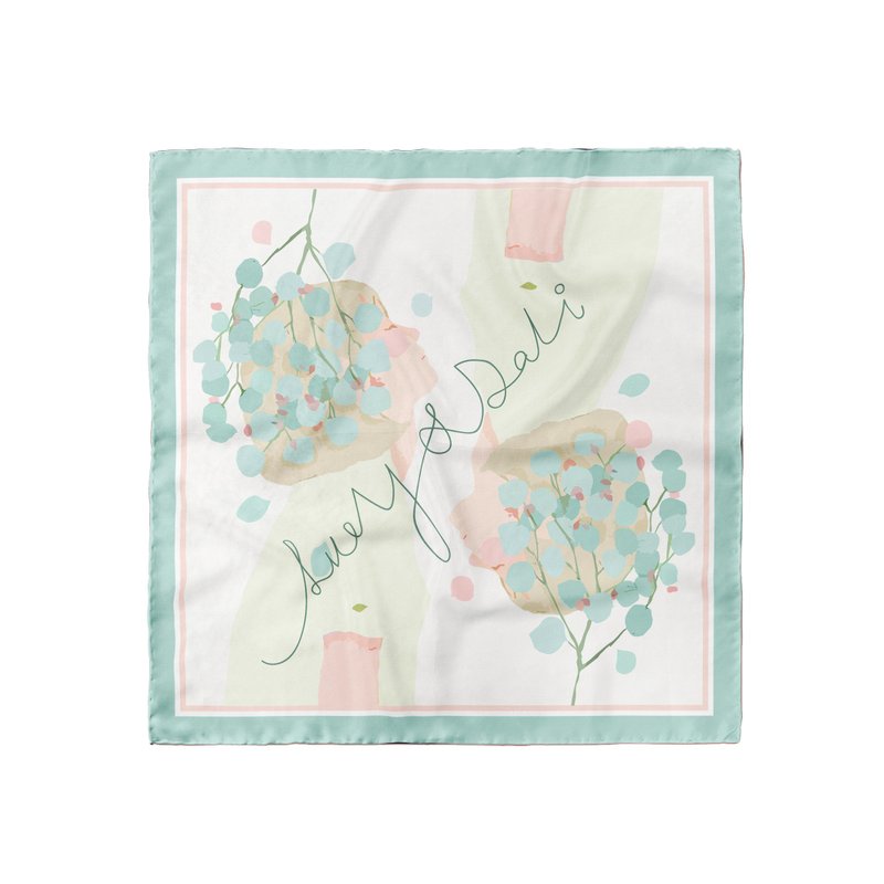 100% silk big scarf 75x75cm in girls' summer print - ผ้าพันคอ - ผ้าไหม สีน้ำเงิน