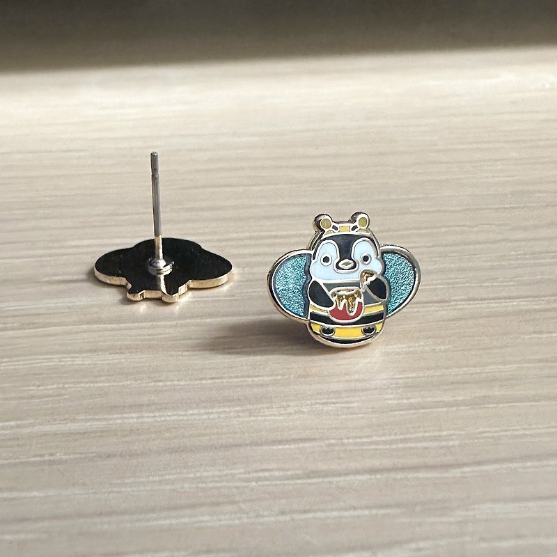 Oops bear - 貪吃的小蜜蜂企鵝金屬琺瑯耳環/耳夾-耳針防敏設計 - 耳環/耳夾 - 琺瑯 金色