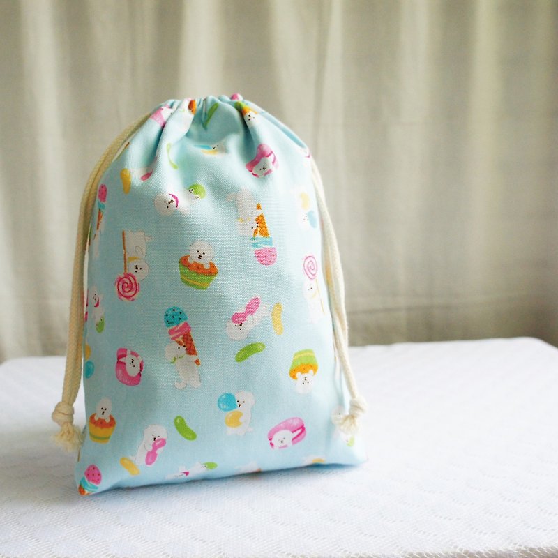 Lovely Japanese cloth [Bichon Frise TN Notepad Handbook Drawstring Pocket] can hold a long clip with lining - Toiletry Bags & Pouches - Cotton & Hemp Blue