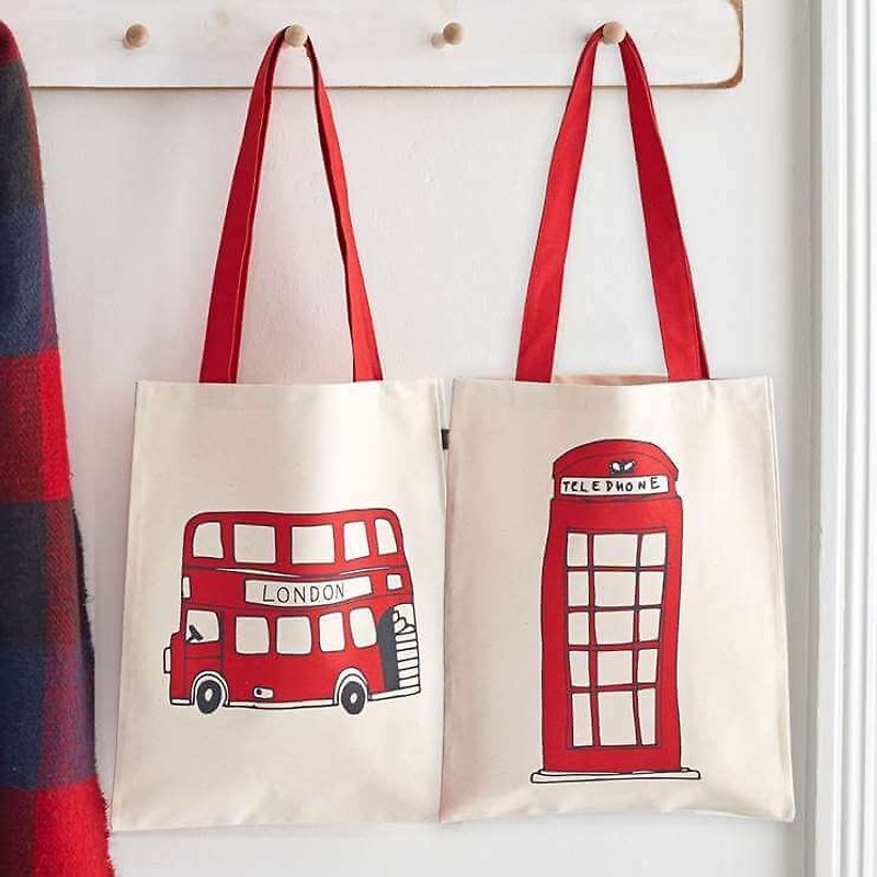 British egg canvas bag phone booth and bus - กระเป๋าถือ - ผ้าฝ้าย/ผ้าลินิน สีแดง