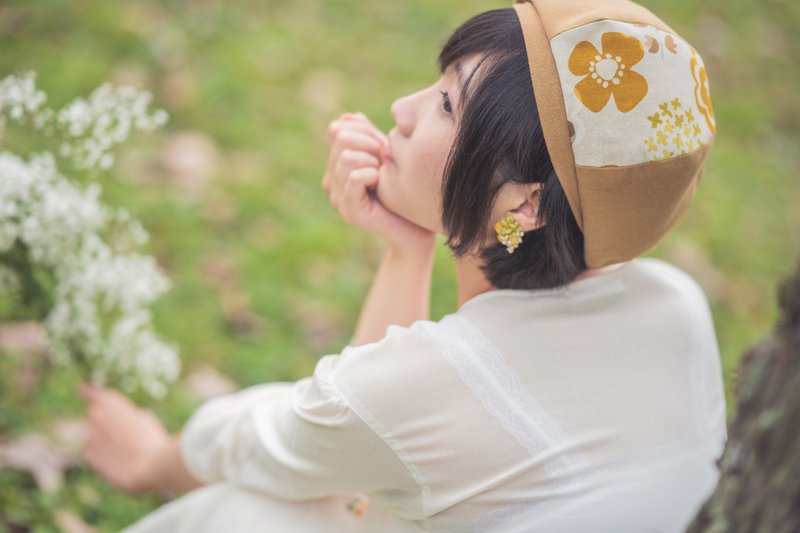 【金木犀】手工印花貝蕾帽/貝雷帽/畫家帽 - 帽子 - 棉．麻 黃色