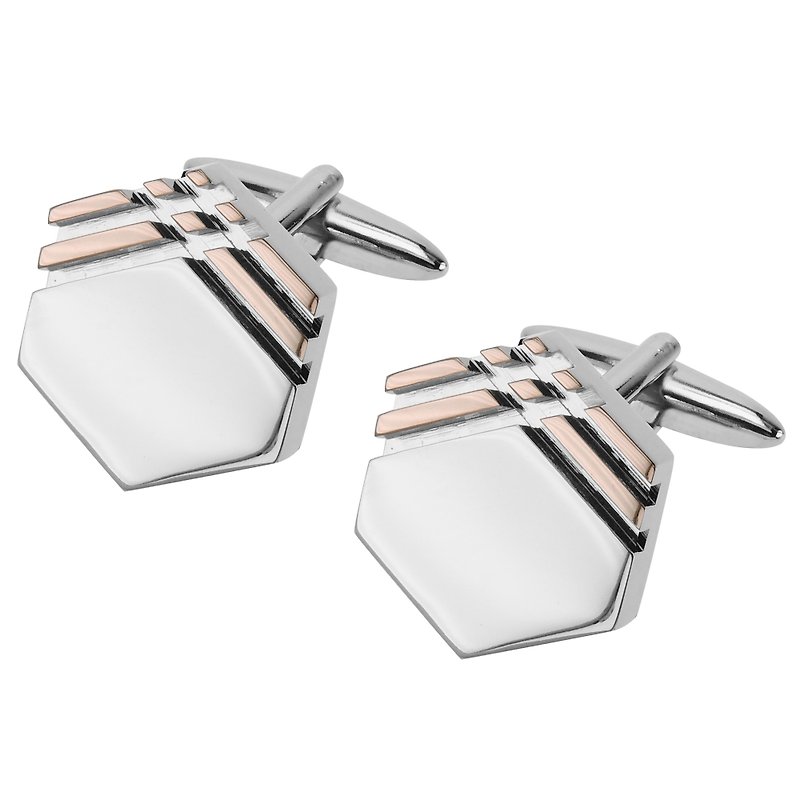 Silver and Rose Gold Grooves Hexagon Cufflinks - Cuff Links - Other Metals Silver