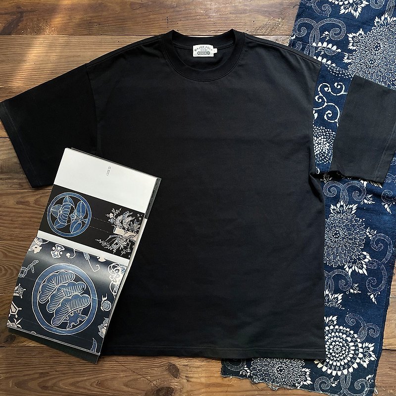 Major Folk│Japanese indigo dyed ancient cloth patchwork asymmetric sleeves Japanese retro heavy short-sleeved TEE - Men's T-Shirts & Tops - Cotton & Hemp 