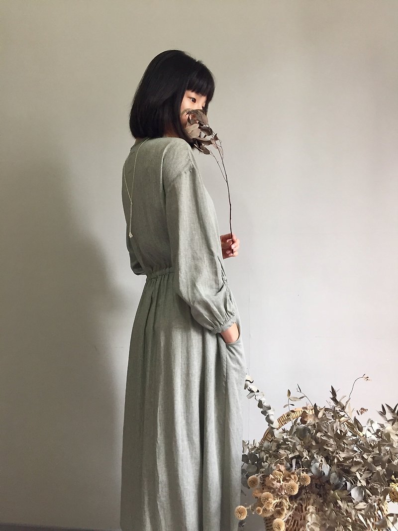 Exclusive order / made in mouse gray cotton and linen / scented forest buckle tie rope jacket style two-wear long dress - One Piece Dresses - Cotton & Hemp 