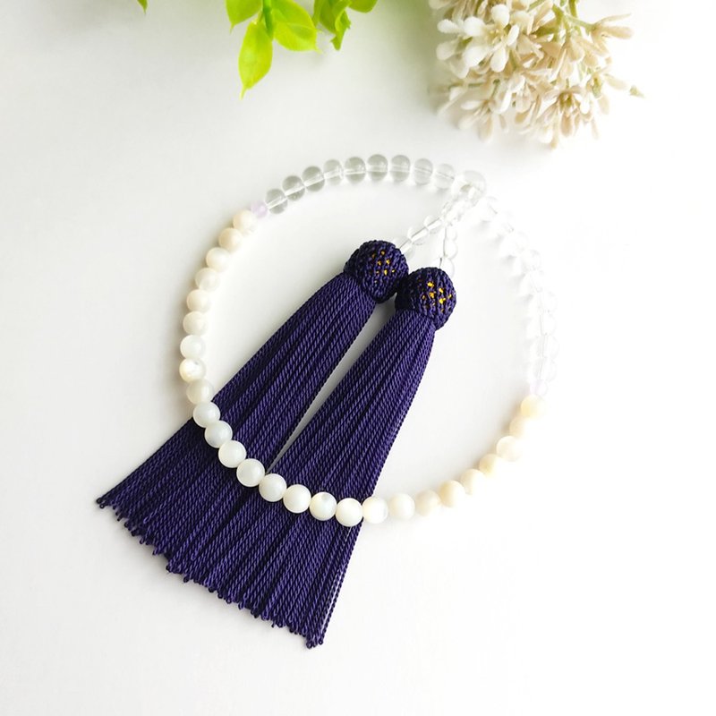 [For women/main ball 6mm] Small white pearl oyster and crystal mala beads, abbreviated rosary/Shikonbo - Bracelets - Shell Purple