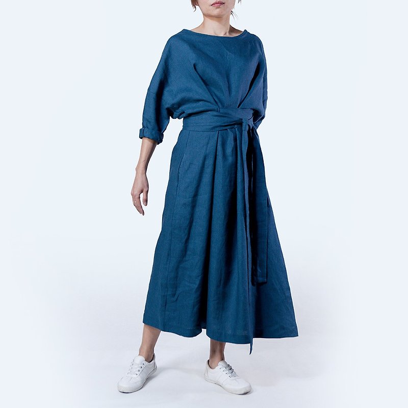 綁帶洋裝 - 亞麻  綁帶 洋裝  / 日本藍色 - 洋裝/連身裙 - 棉．麻 