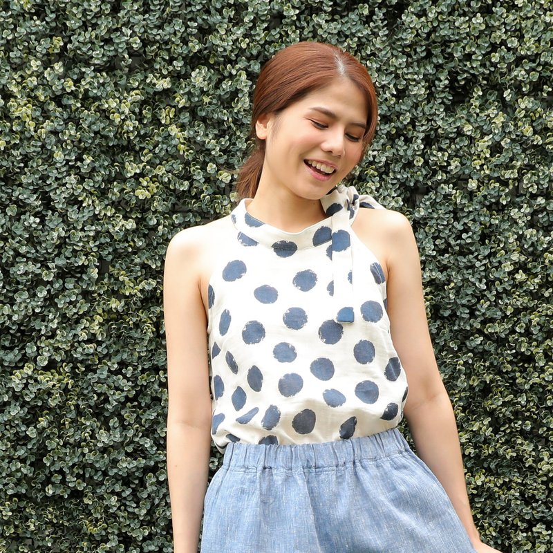Natural Cotton Halter Neck Top Summer Top Cute Top - Blue Polka Dot - 女上衣/長袖上衣 - 棉．麻 藍色