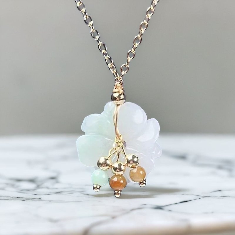 Ice Emerald Jade Flower Design Necklace 14K Gold Pack | Natural Burmese Jade Jade A Goods | - สร้อยคอ - หยก สีใส