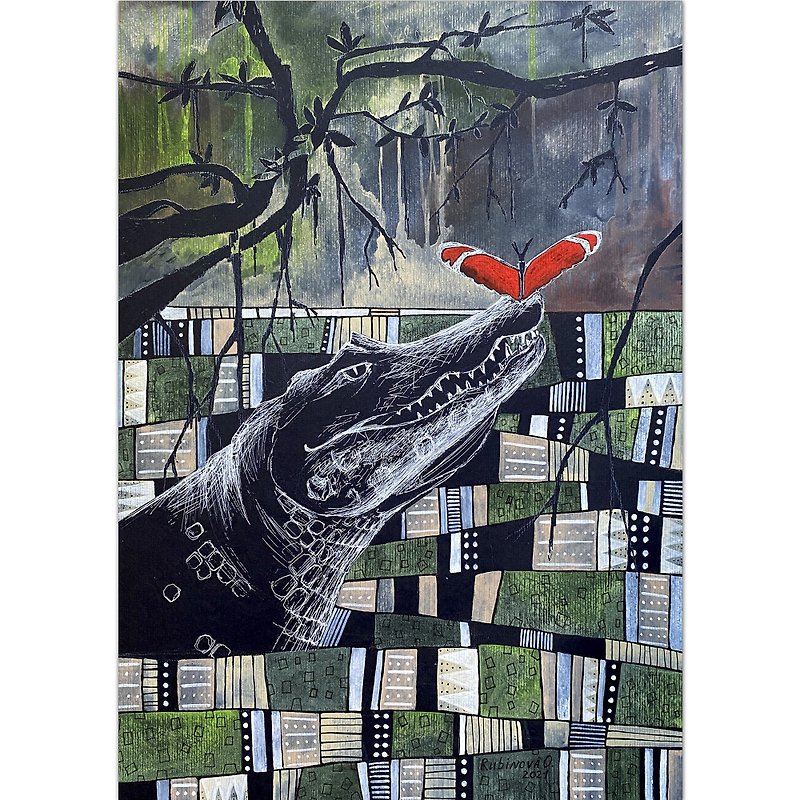 Alligator art Crocodile original painting Black paper artwork Ethnic wall art - 海報/掛畫/掛布 - 紙 綠色