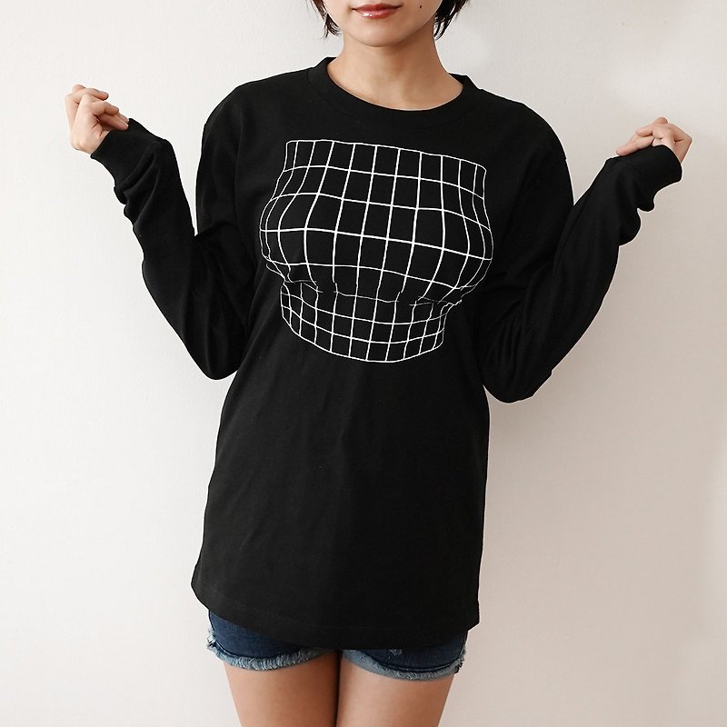 Mousou Mapping T-shirt/ Illusion grid/ Black / Long sleeve - 女 T 恤 - 棉．麻 黑色