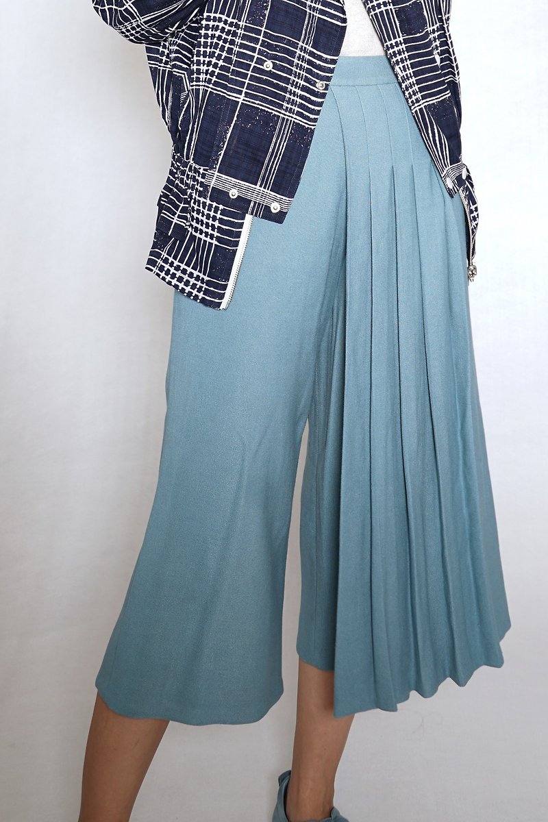 OUD Orignial. Made-To-Order. Ladies Soft Blue Asymmetric Pleated Wide Bottom Pants - Women's Pants - Polyester Multicolor