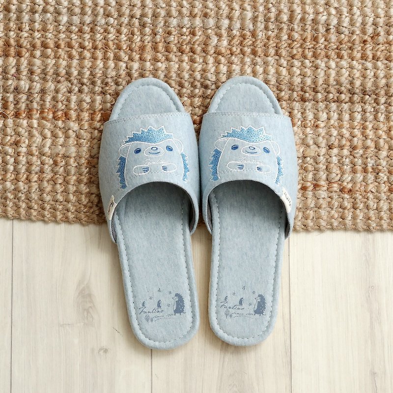 Organic Cotton Embroidered Indoor Slippers (Sequin Hedgehog) Sequin Blue / Valentine's Day Gift - รองเท้าแตะในบ้าน - ผ้าฝ้าย/ผ้าลินิน สีน้ำเงิน