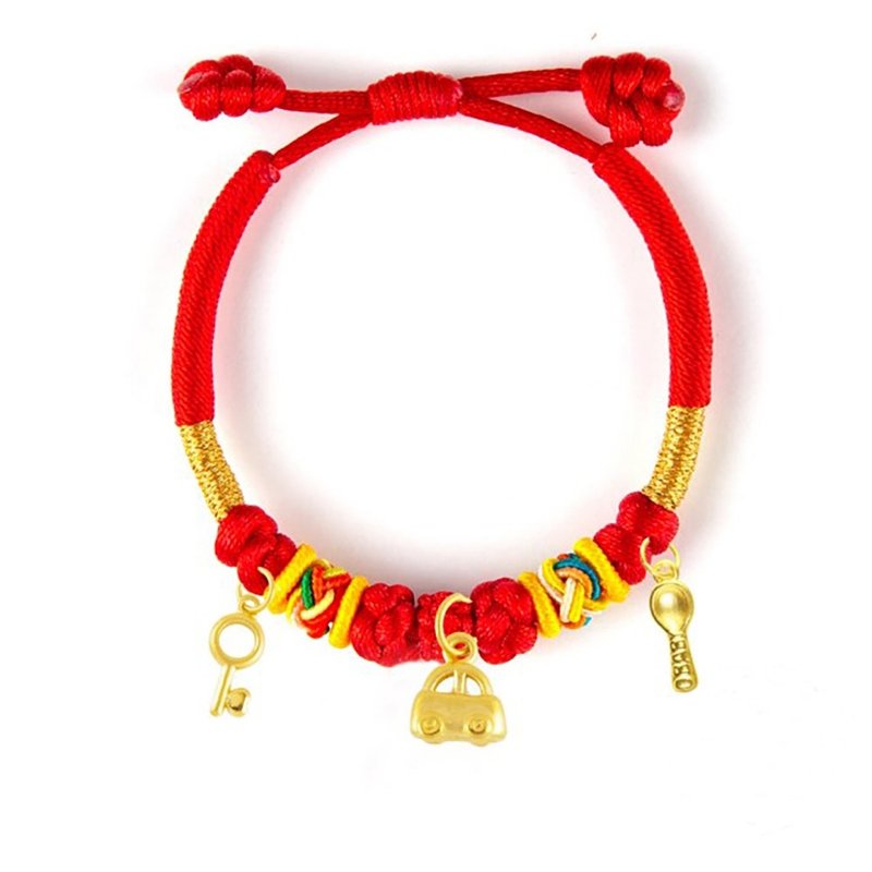 [Children's Painted Gold Jewelry] Children's Red String Bracelet with Car, House, and Golden Spoon (Mid-Moon Gold Jewelry) - ของขวัญวันครบรอบ - ทอง 24 เค สีแดง