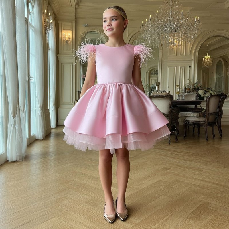satin flower girl short Barbie dress with feathers for party, birthday, concerts - 男/女童禮服 - 其他材質 多色