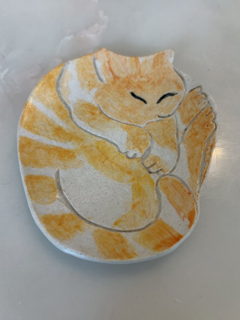 豆皿貓咪睡覺 - 碟子/醬料碟/醬油碟 - 陶 