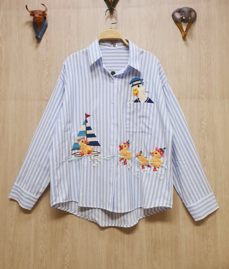 手工刺繡襯衫、亞麻、燈塔、狐狸、船、海洋、大海 - 女上衣/長袖上衣 - 繡線 藍色
