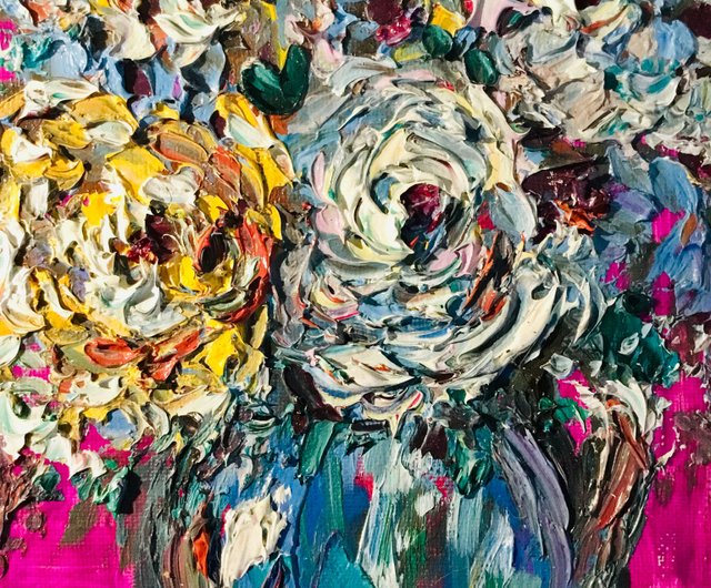 キャンバス油絵 いとを様専用 お花とビンとカップのあるテーブル