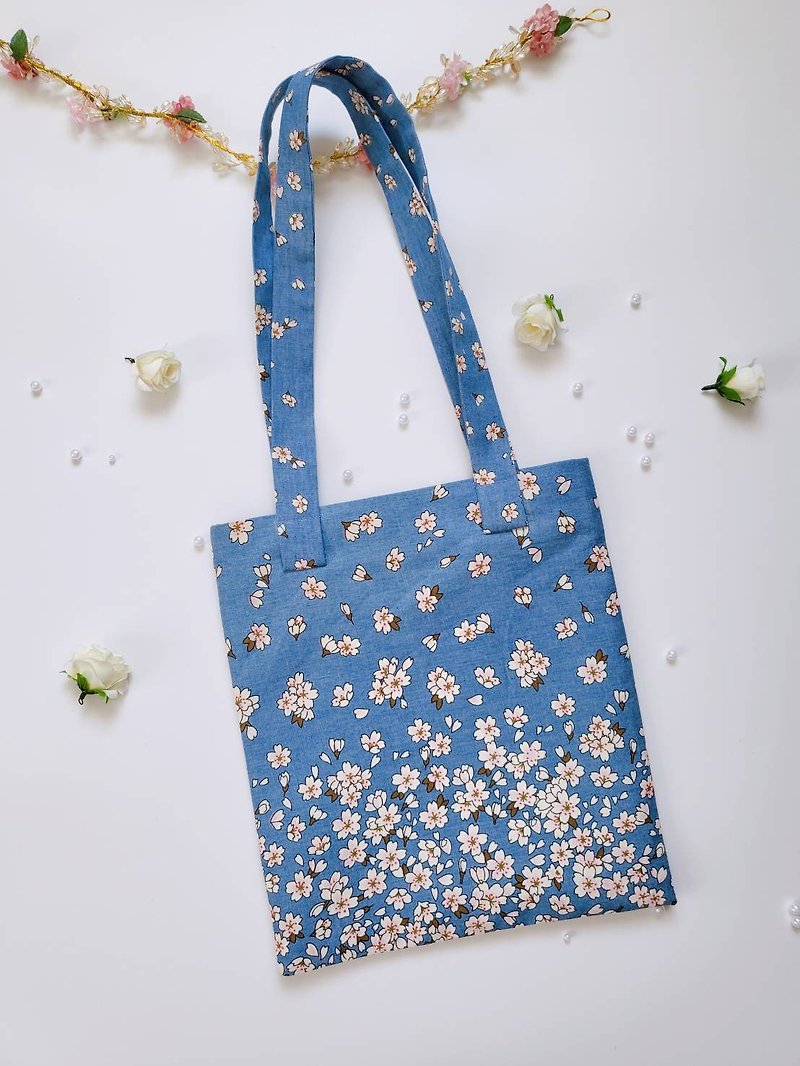 BonnieU : Handmade Jeans Tote Bag (ฺBlue with Sakura color) - Other - Other Materials Blue
