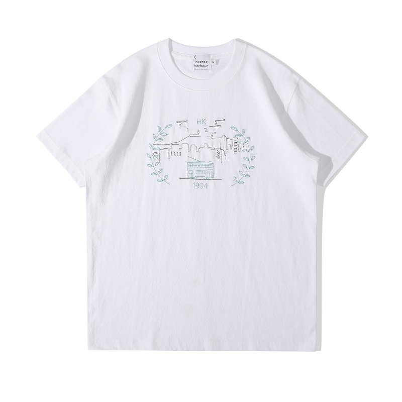 Incense Harbour Embroidery T-shirt- Tram White - เสื้อฮู้ด - ผ้าฝ้าย/ผ้าลินิน ขาว