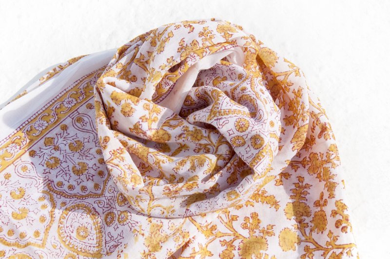 Super large pure cotton silk scarf handmade woodcut printing plant dyed scarf wood dyed cotton silk scarf-British Flower Forest - Knit Scarves & Wraps - Cotton & Hemp Multicolor