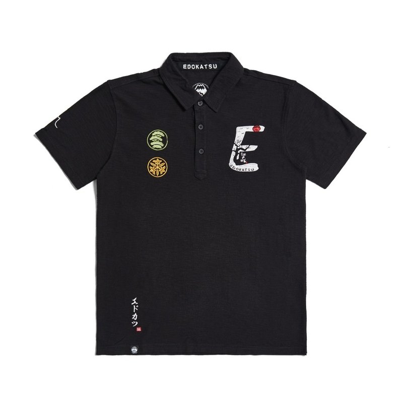 EDOKATSU Japanese Style Men's Clothing Fuji Mountain Classic Print Short Sleeve Polo Shirt (Black) #Tops - เสื้อยืดผู้ชาย - ผ้าฝ้าย/ผ้าลินิน สีดำ