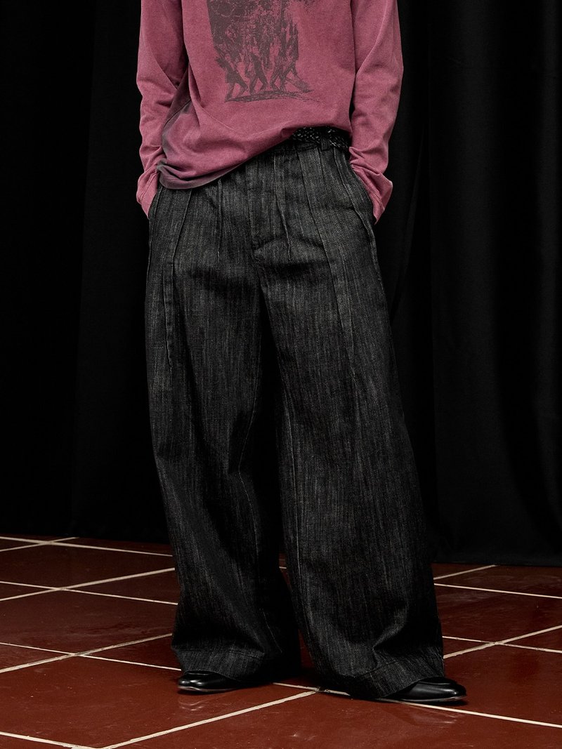 The Rogue: Bamboo Texture Silk-Finish Multi-Pleat Raw Denim Trousers - กางเกงขายาว - ผ้าฝ้าย/ผ้าลินิน สีดำ