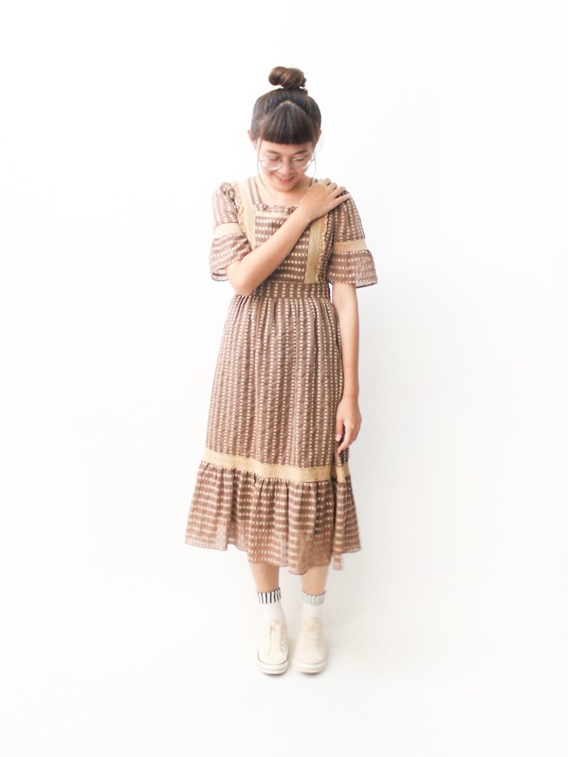 【RE0809D1377】 summer-style retro earth color doll short-sleeved ancient dress - One Piece Dresses - Polyester Brown