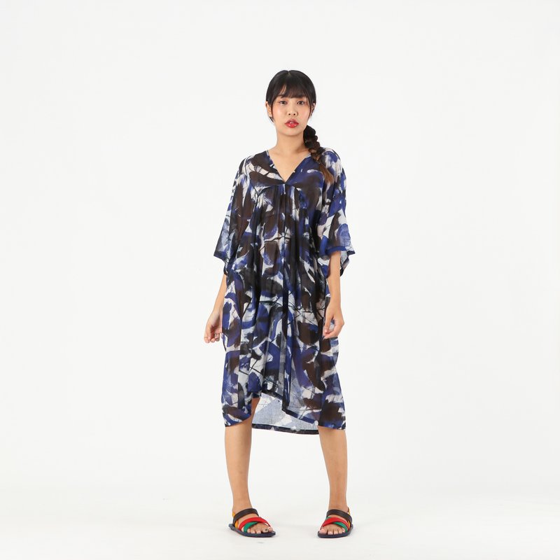 Short Dress Cotton Voile Hand Paint Free Size - 洋裝/連身裙 - 棉．麻 藍色