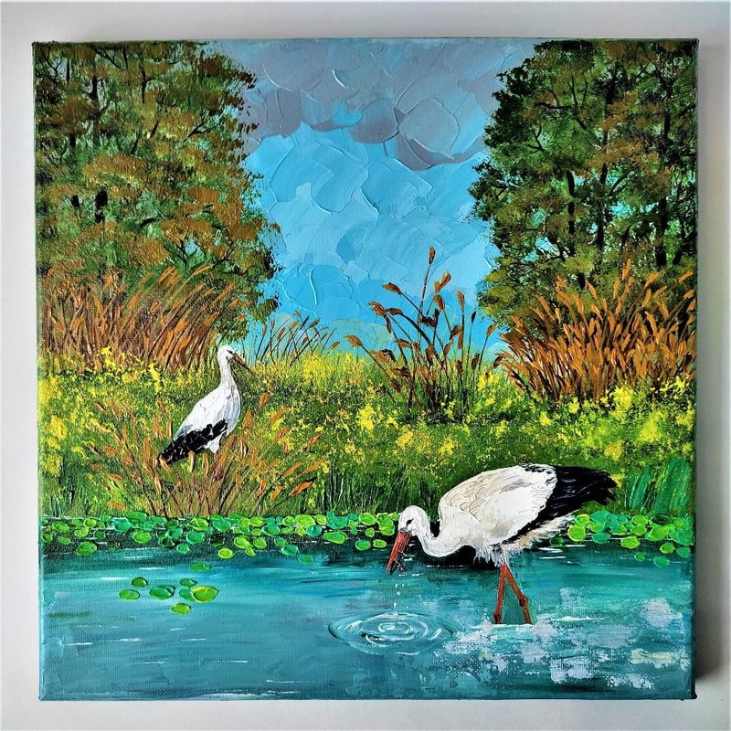 鸛丙烯畫鳥畫牆壁裝飾掛畫風景厚塗質感繪畫客廳藝術品 - 壁貼/牆壁裝飾 - 壓克力 多色