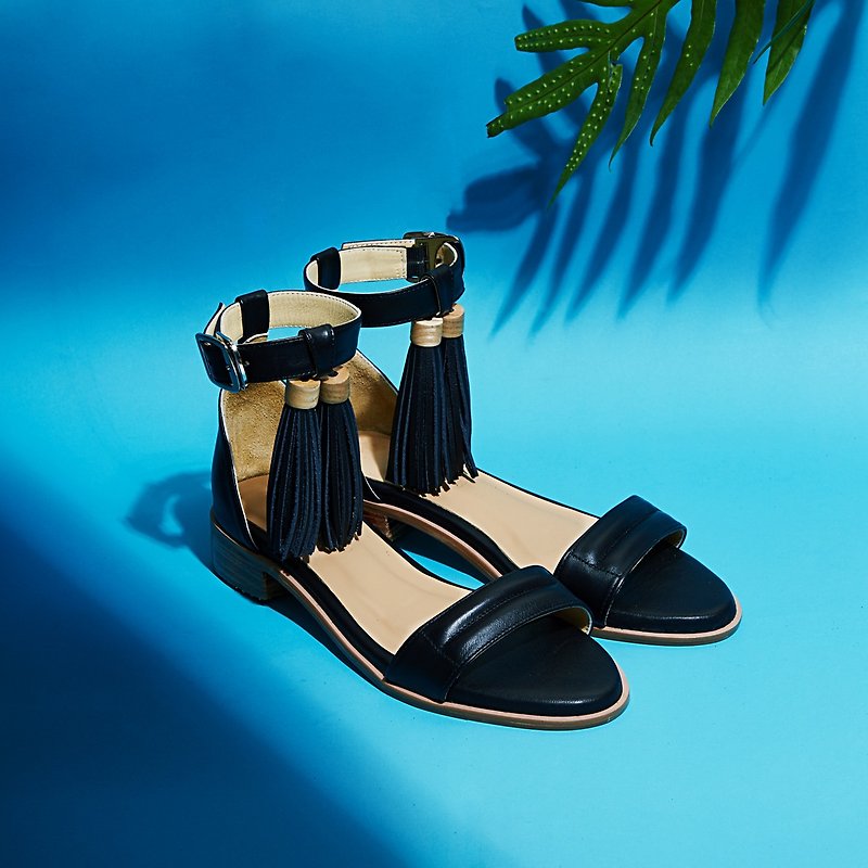 BLACK-Palm - Ankle Strap Sandals - 涼鞋 - 真皮 黑色