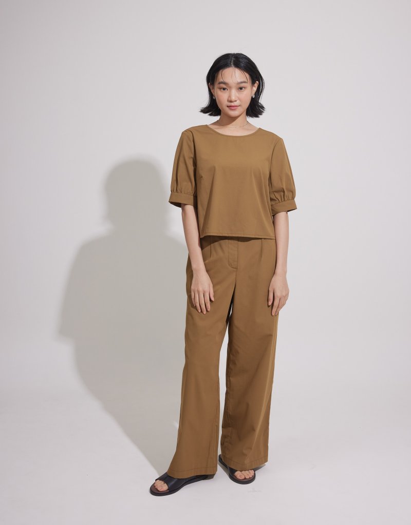 Time Says Press-folded Soft Material Wide Pants-Mature - กางเกงขายาว - ผ้าฝ้าย/ผ้าลินิน สีนำ้ตาล