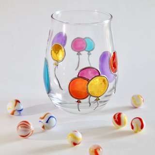 Rainbow Coloured Balloons Festival Hand Painted Glass Tea Cup・Gift Stemless Wine Glass