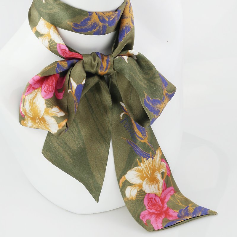 Lily Army Green / Plant Beauty Series II / Artist Original / Scarf / Belt / Cap Belt - Scarves - Silk 