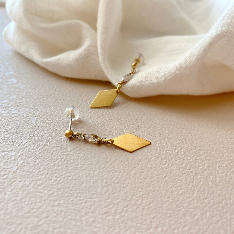 Silence-zircon brass earrings - Earrings & Clip-ons - Copper & Brass Gold