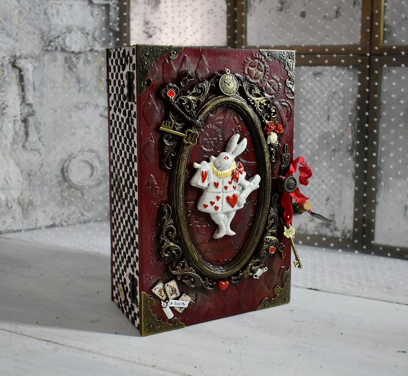 A red box with a white rabbit from Alice in Wonderland. - Storage - Wood Red