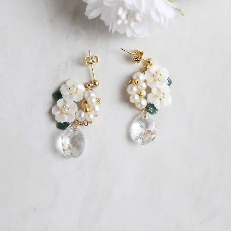White Flower Pearl Swarovski Earrings Clip-On - Earrings & Clip-ons - Clay White