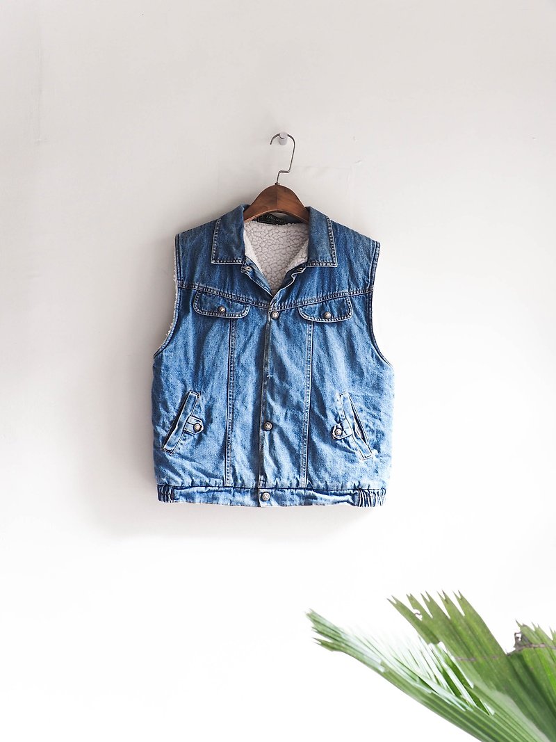 River Hill - Tokyo youth journal blue cotton denim vest vintage antique vintage oversize vest - เสื้อกั๊กผู้หญิง - ผ้าฝ้าย/ผ้าลินิน สีน้ำเงิน