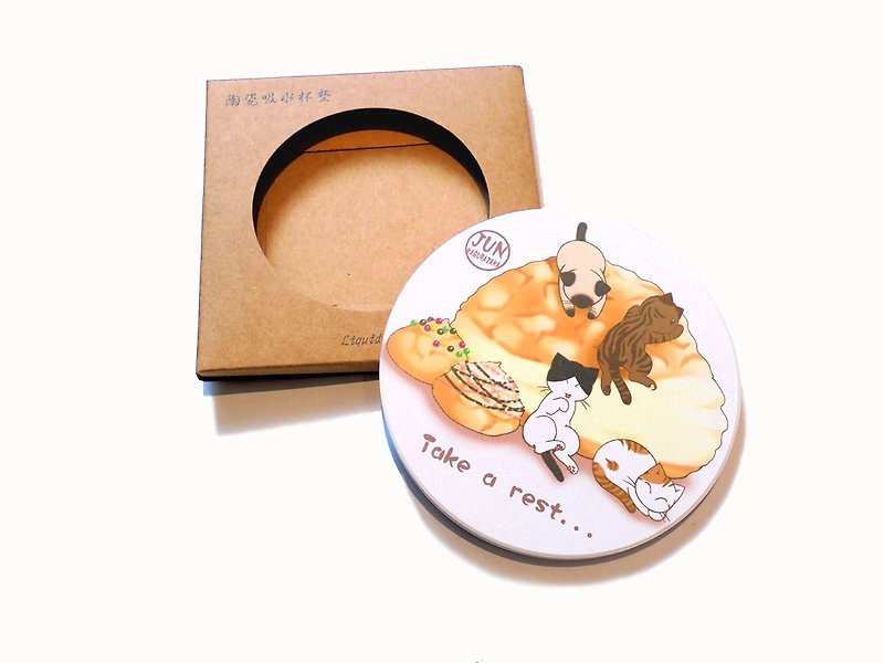 Cat ceramic absorbent coaster~Dessert series~Puff cat - Coasters - Pottery Multicolor