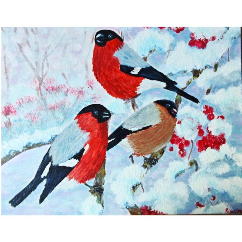 鳥類紅腹灰雀原創藝術冬日雪景繪畫 作者 RinaArtSK - 壁貼/牆壁裝飾 - 其他材質 多色