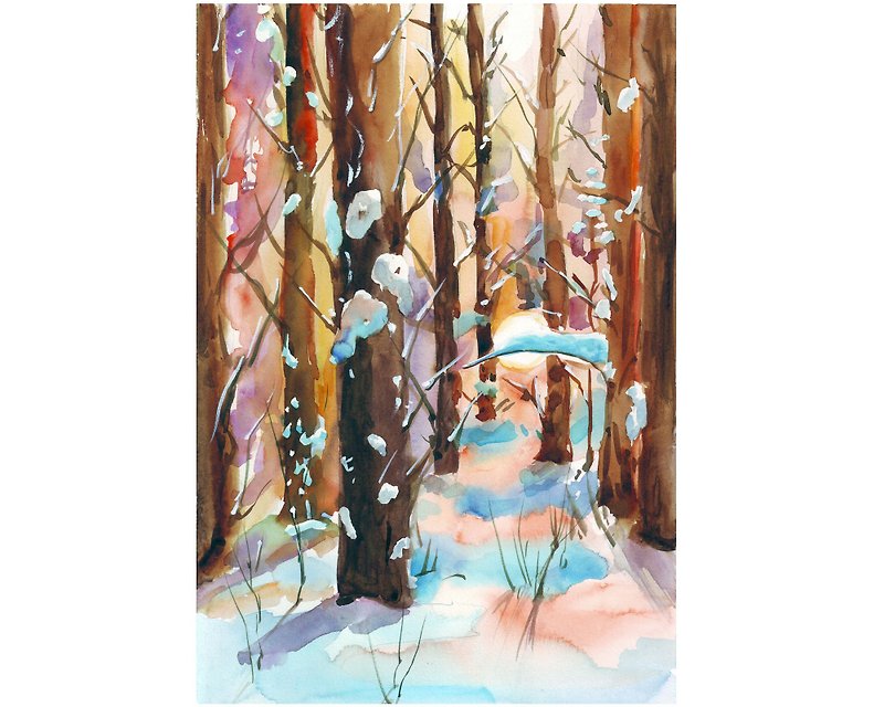 Winter Painting Forest Original Art Landscape Watercolor Snowy Wall Art - 掛牆畫/海報 - 紙 