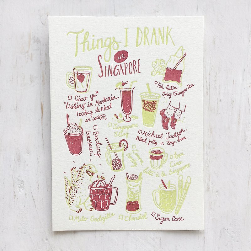 Things I Drank in Singapore Letterpress Postcard - Cards & Postcards - Paper 